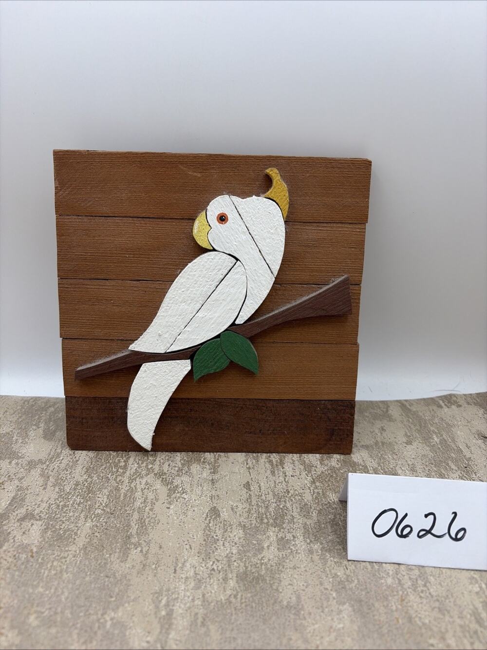 Vintage Hand Carved Picture Of Parrot On Wood Hand Painted With White & Green